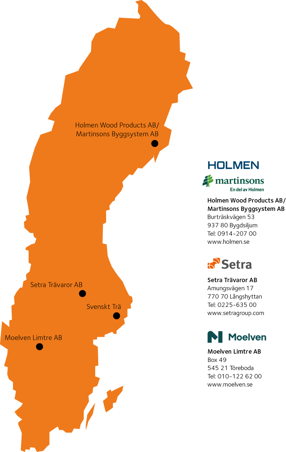 Karta &ouml;ver Limtr&auml;tillverkarna i Sverige